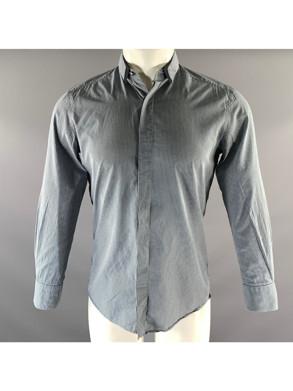 LANVIN Size S White Teal Gingham Cotton Point Collar Long Sleeve Shirt